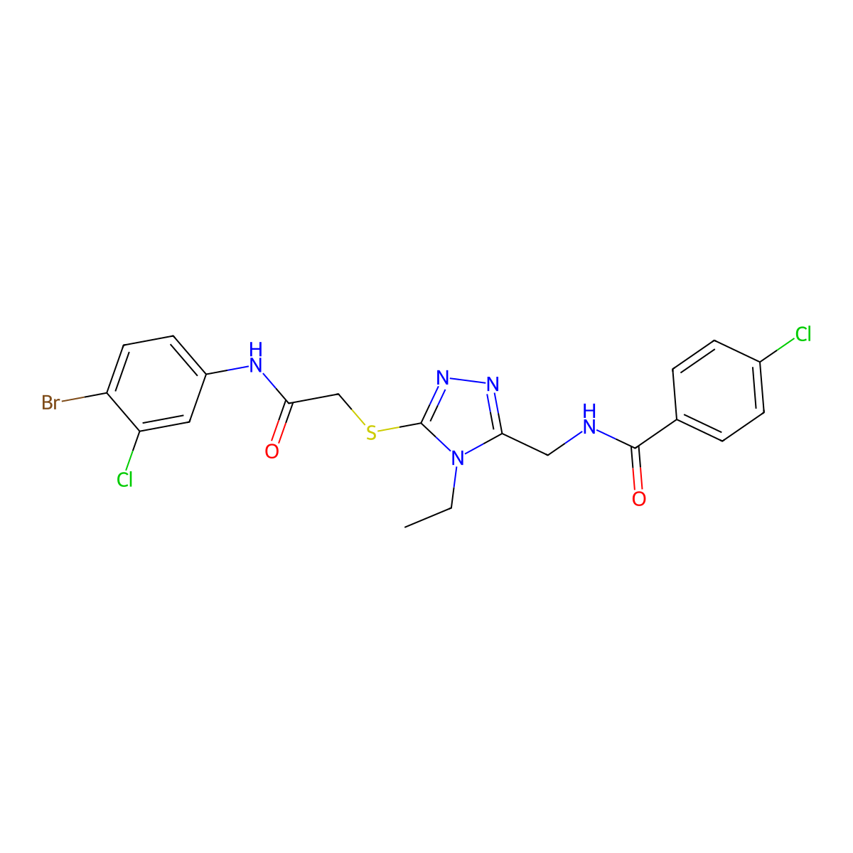 N-[[5-[2-(4-bromo-3-chloroanilino)-2-oxoethyl]sulfanyl-4-ethyl-1,2,4-triazol-3-yl]methyl]-4-chlorobenzamide molecular structure, CAS 694460-60-1