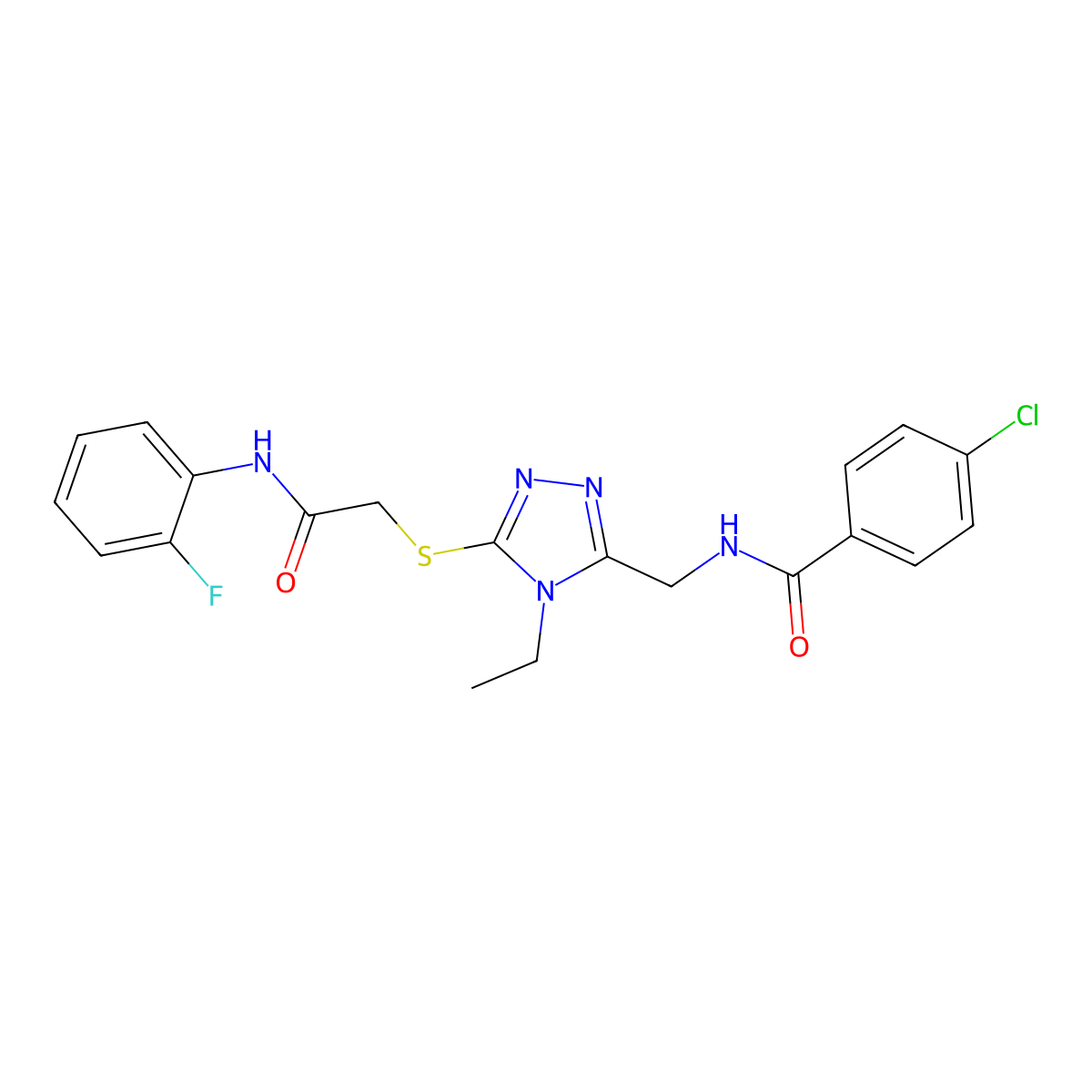 4-chloro-N-[[4-ethyl-5-[2-(2-fluoroanilino)-2-oxoethyl]sulfanyl-1,2,4-triazol-3-yl]methyl]benzamide molecular structure, CAS 694460-90-7