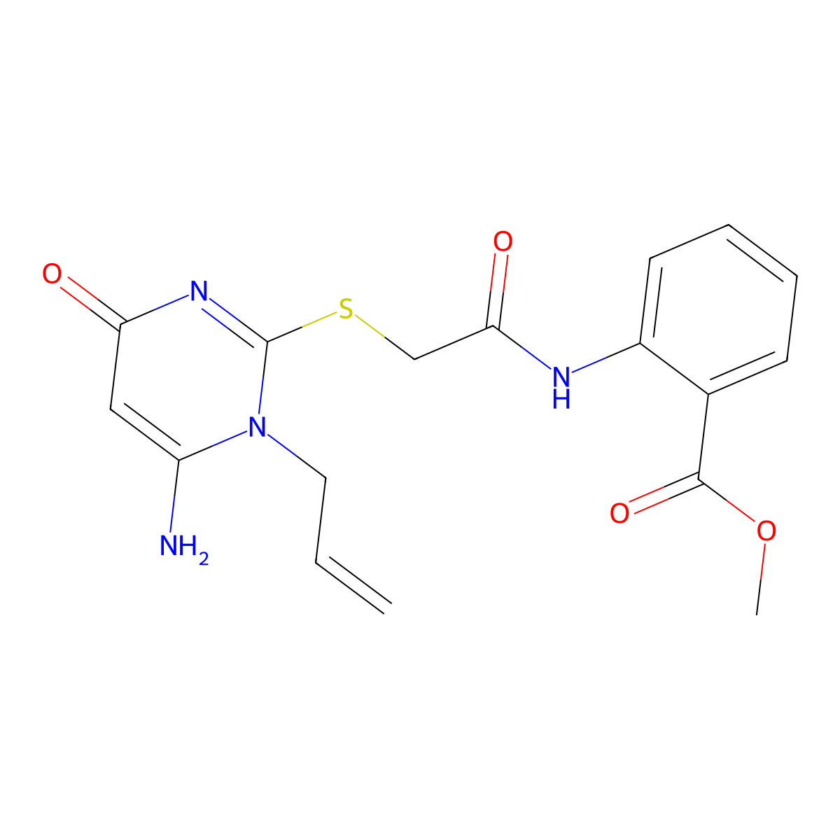 Methyl 2-[[2-(6-amino-4-oxo-1-prop-2-enylpyrimidin-2-yl)sulfanylacetyl]amino]benzoate molecular structure, CAS 694461-02-4