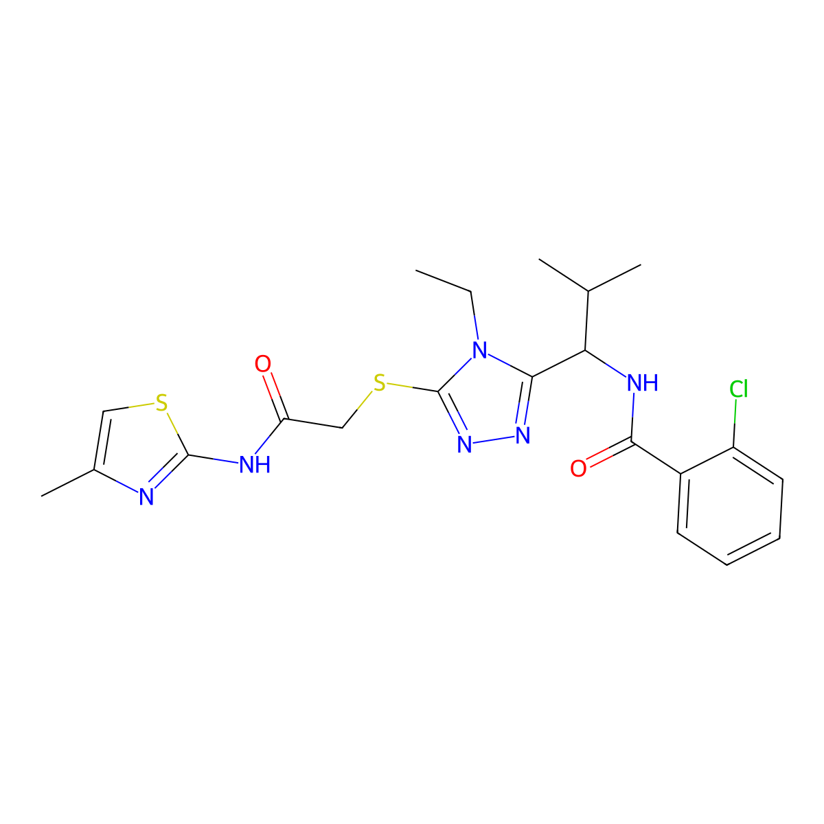 2-chloro-N-[1-[4-ethyl-5-[2-[(4-methyl-1,3-thiazol-2-yl)amino]-2-oxoethyl]sulfanyl-1,2,4-triazol-3-yl]-2-methylpropyl]benzamide molecular structure, CAS 694461-14-8