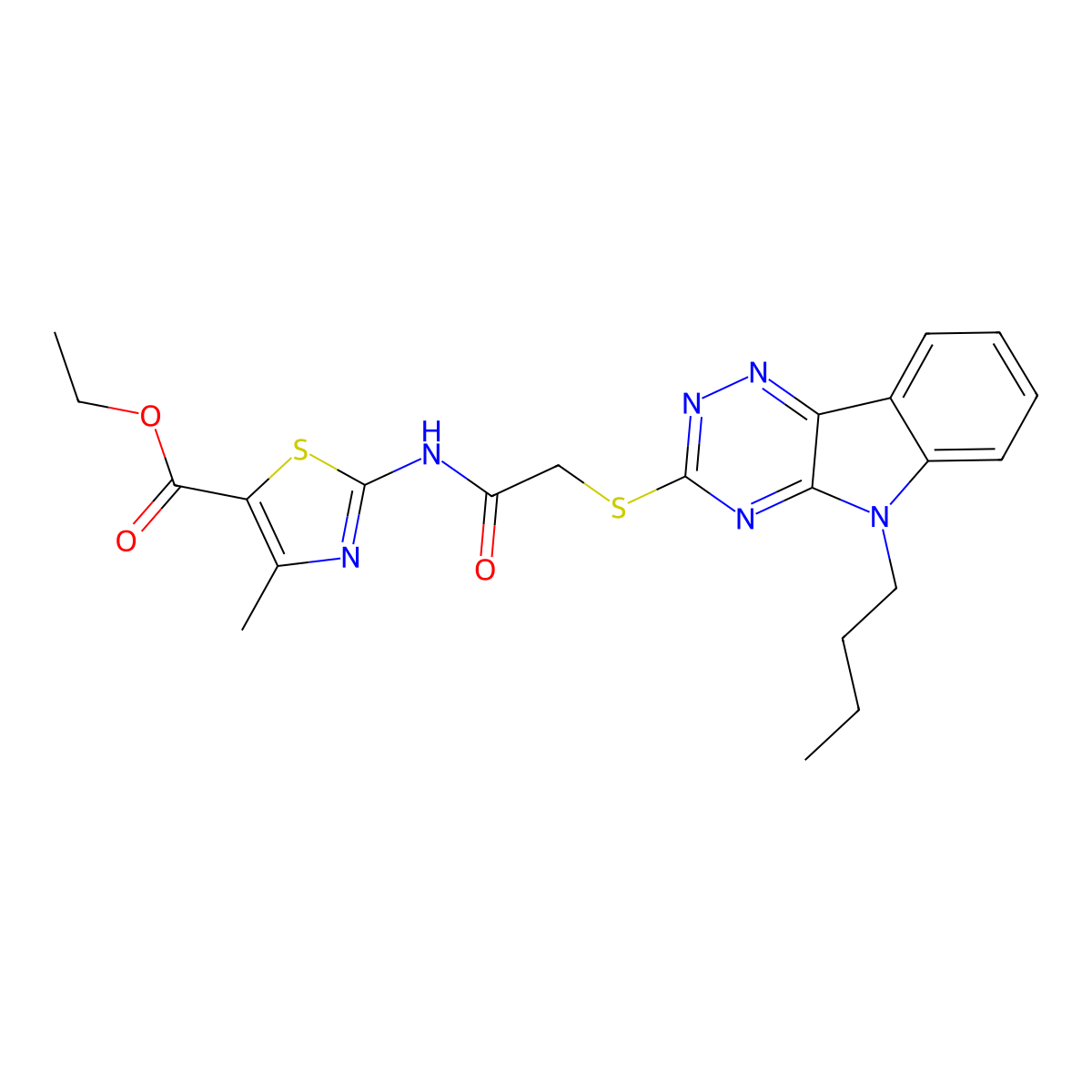 ethyl 2-({[(5-butyl-5H-[1,2,4]triazino[5,6-b]indol-3-yl)sulfanyl]acetyl}amino)-4-methyl-1,3-thiazole-5-carboxylate molecular structure, CAS 694461-20-6