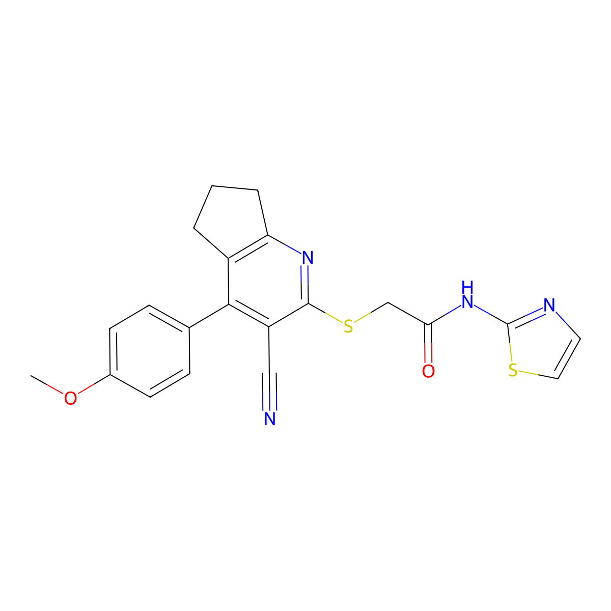 2-((3-cyano-4-(4-methoxyphenyl)-6,7-dihydro-5H-cyclopenta[b]pyridin-2-yl)thio)-N-(thiazol-2-yl)acetamide molecular structure, CAS 694461-27-3