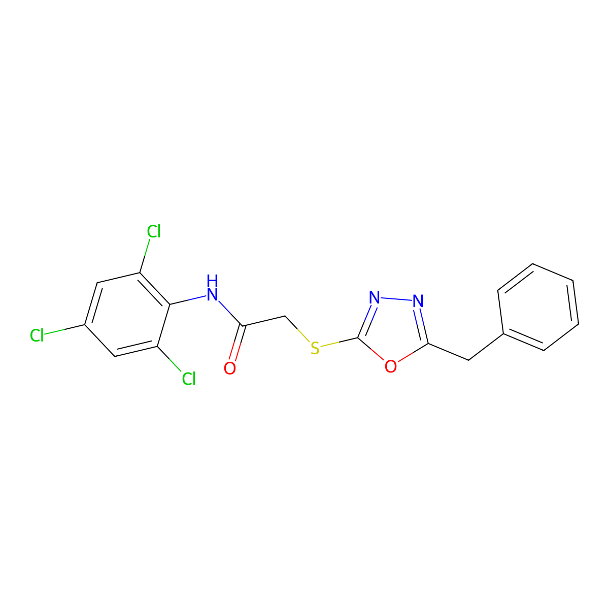 2-[(5-benzyl-1,3,4-oxadiazol-2-yl)sulfanyl]-N-(2,4,6-trichlorophenyl)acetamide molecular structure, CAS 694461-29-5