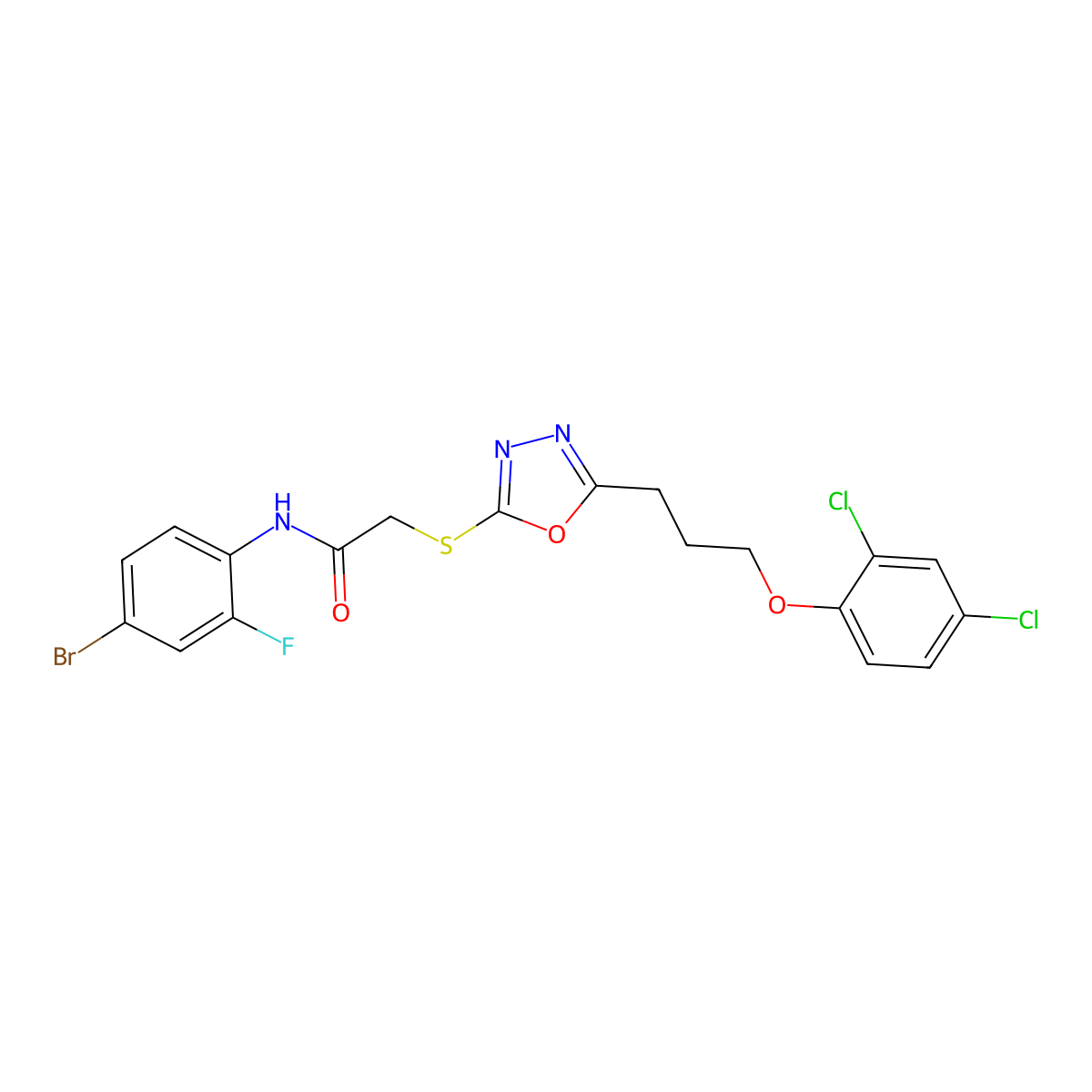N-(4-bromo-2-fluorophenyl)-2-({5-[3-(2,4-dichlorophenoxy)propyl]-1,3,4-oxadiazol-2-yl}sulfanyl)acetamide molecular structure, CAS 694462-20-9