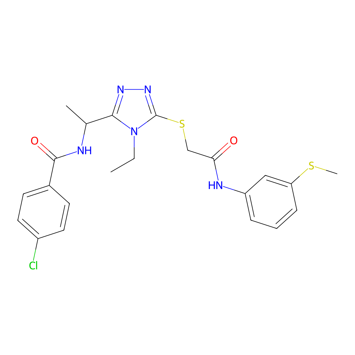 4-chloro-N-[1-[4-ethyl-5-[2-(3-methylsulfanylanilino)-2-oxoethyl]sulfanyl-1,2,4-triazol-3-yl]ethyl]benzamide molecular structure, CAS 694462-22-1