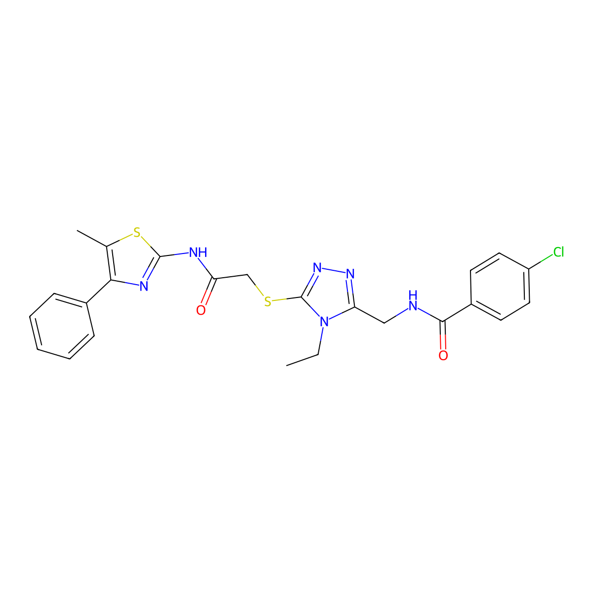 4-chloro-N-[[4-ethyl-5-[2-[(5-methyl-4-phenyl-1,3-thiazol-2-yl)amino]-2-oxoethyl]sulfanyl-1,2,4-triazol-3-yl]methyl]benzamide molecular structure, CAS 694462-72-1