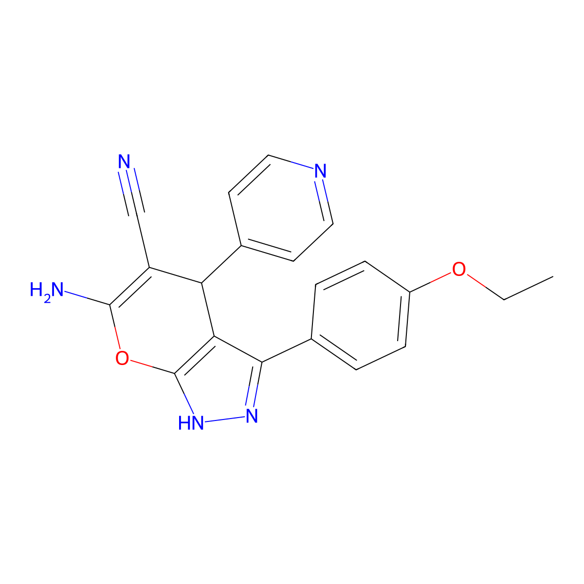 6-Amino-3-(4-ethoxyphenyl)-4-pyridin-4-yl-2,4-dihydropyrano[2,3-c]pyrazole-5-carbonitrile molecular structure, CAS 694462-80-1