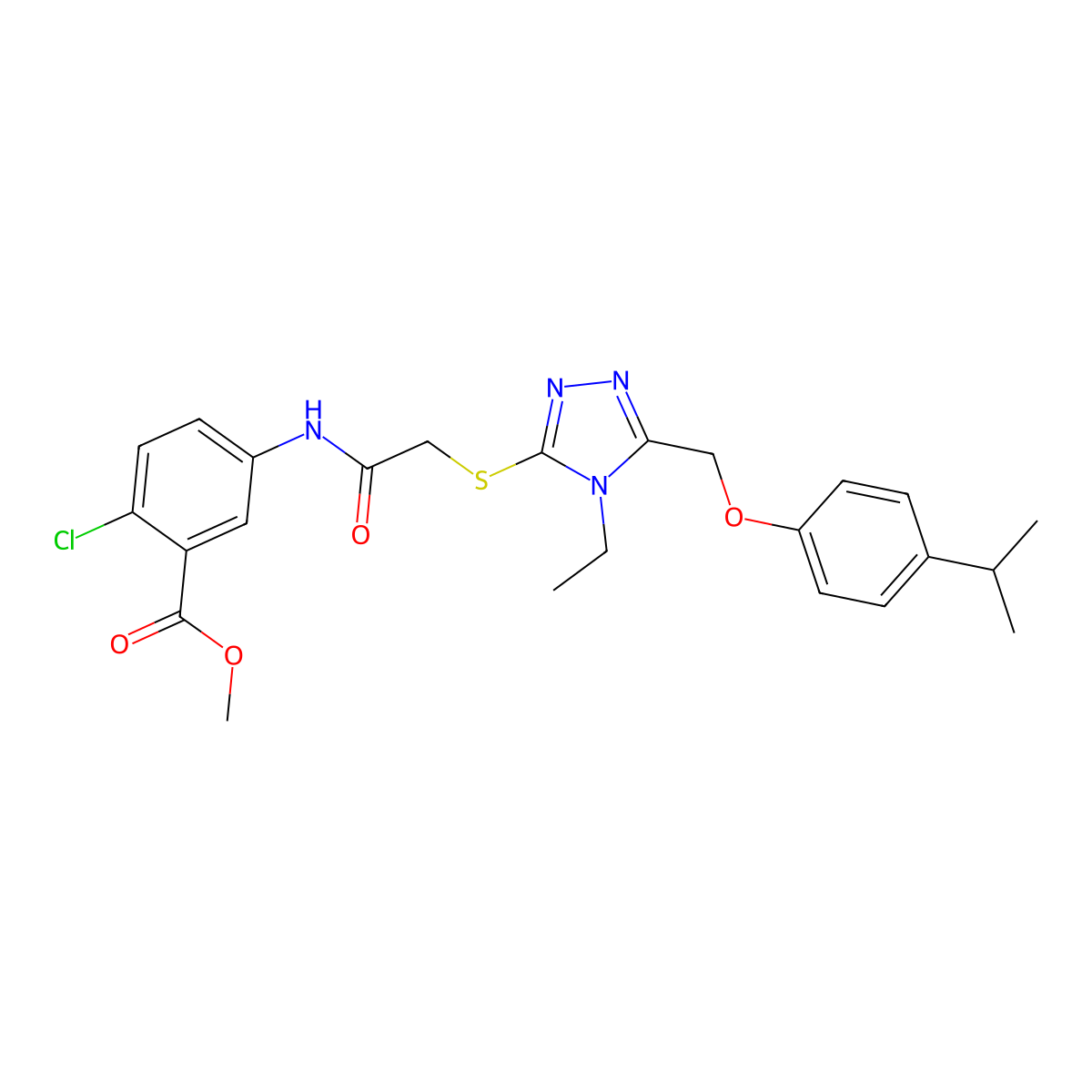 methyl 2-chloro-5-({[(4-ethyl-5-{[4-(propan-2-yl)phenoxy]methyl}-4H-1,2,4-triazol-3-yl)sulfanyl]acetyl}amino)benzoate molecular structure, CAS 694463-09-7