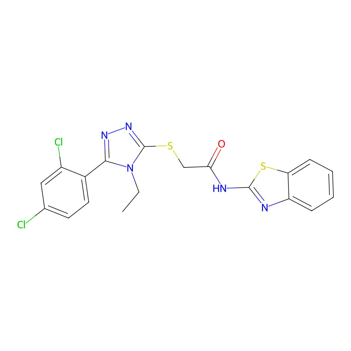 N-(1,3-benzothiazol-2-yl)-2-[[5-(2,4-dichlorophenyl)-4-ethyl-1,2,4-triazol-3-yl]sulfanyl]acetamide molecular structure, CAS 694463-43-9