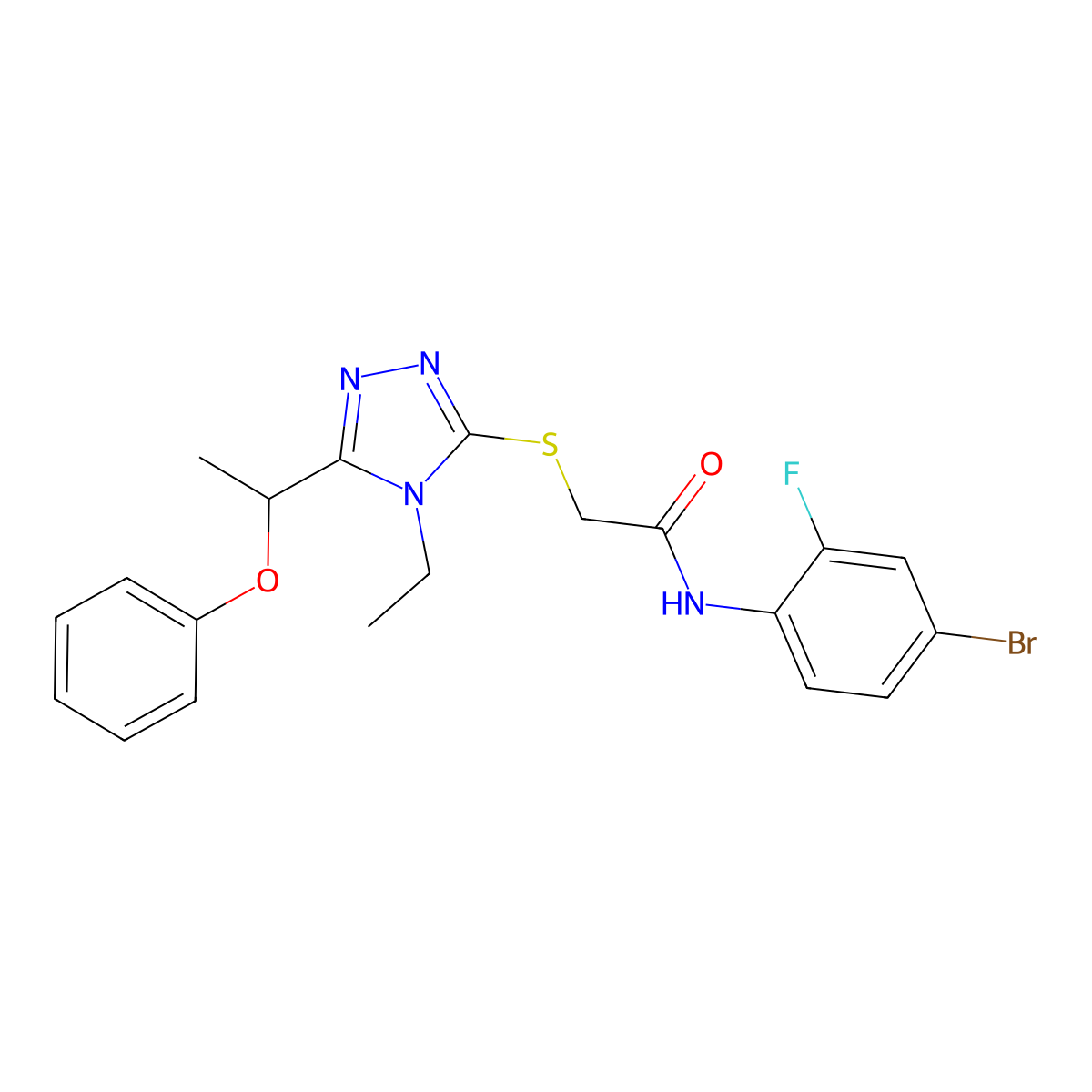 N-(4-bromo-2-fluorophenyl)-2-{[4-ethyl-5-(1-phenoxyethyl)-4H-1,2,4-triazol-3-yl]sulfanyl}acetamide molecular structure, CAS 694463-45-1