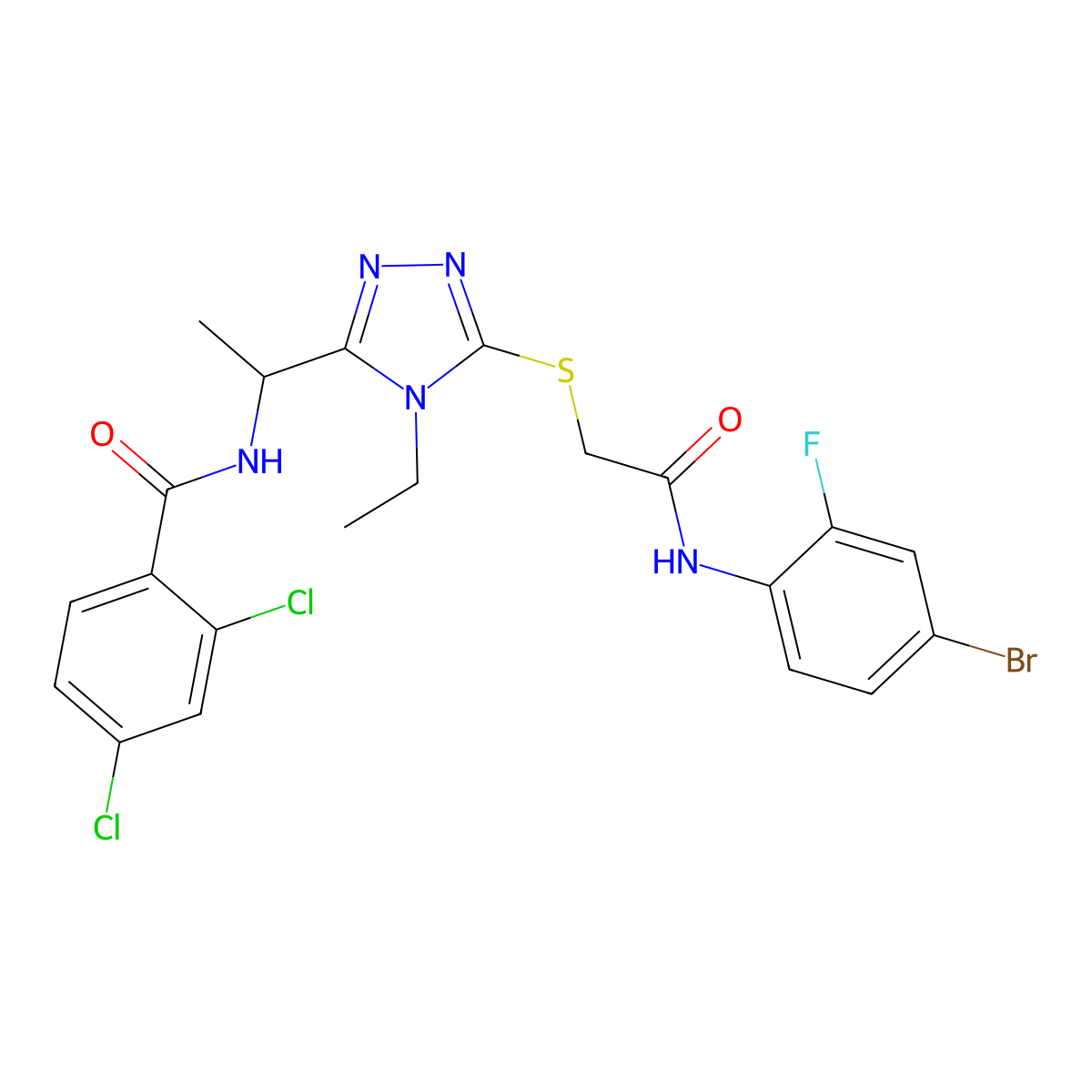 N-[1-[5-[2-(4-bromo-2-fluoroanilino)-2-oxoethyl]sulfanyl-4-ethyl-1,2,4-triazol-3-yl]ethyl]-2,4-dichlorobenzamide molecular structure, CAS 694463-58-6