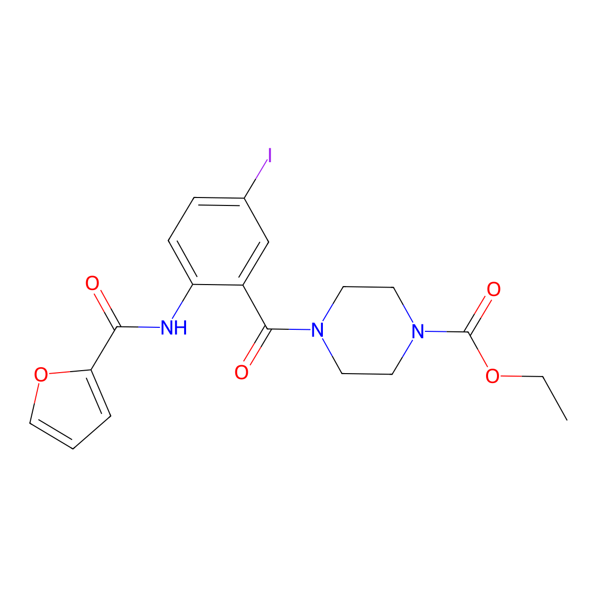 Ethyl 4-[2-(2-furoylamino)-5-iodobenzoyl]-1-piperazinecarboxylate molecular structure, CAS 694463-96-2