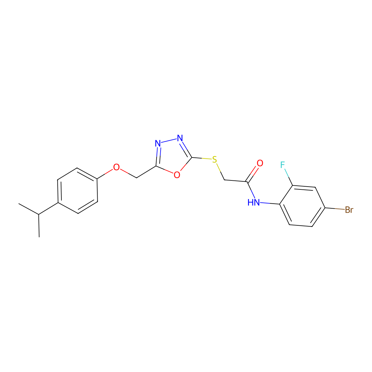 N-(4-bromo-2-fluorophenyl)-2-[[5-[(4-propan-2-ylphenoxy)methyl]-1,3,4-oxadiazol-2-yl]sulfanyl]acetamide molecular structure, CAS 694465-59-3