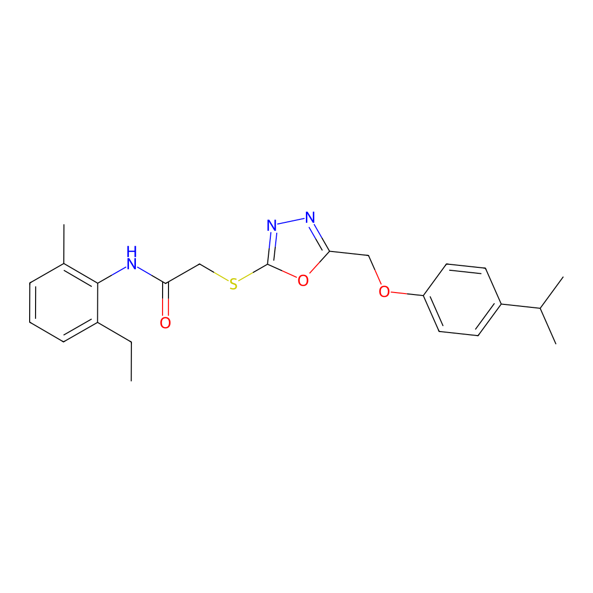 N-(2-ethyl-6-methylphenyl)-2-[[5-[(4-propan-2-ylphenoxy)methyl]-1,3,4-oxadiazol-2-yl]sulfanyl]acetamide molecular structure, CAS 694465-70-8