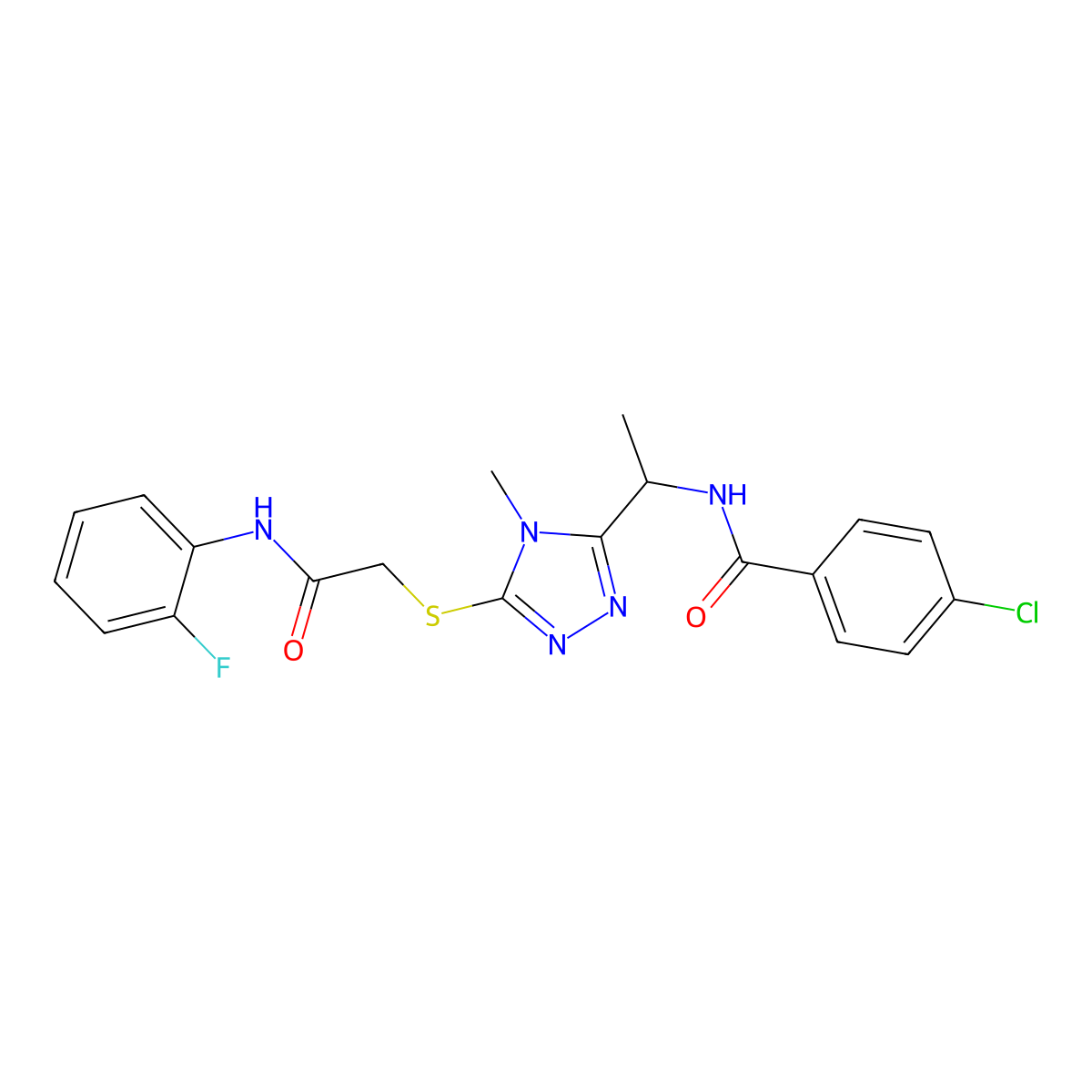 4-chloro-N-[1-[5-[2-(2-fluoroanilino)-2-oxoethyl]sulfanyl-4-methyl-1,2,4-triazol-3-yl]ethyl]benzamide molecular structure, CAS 694466-20-1