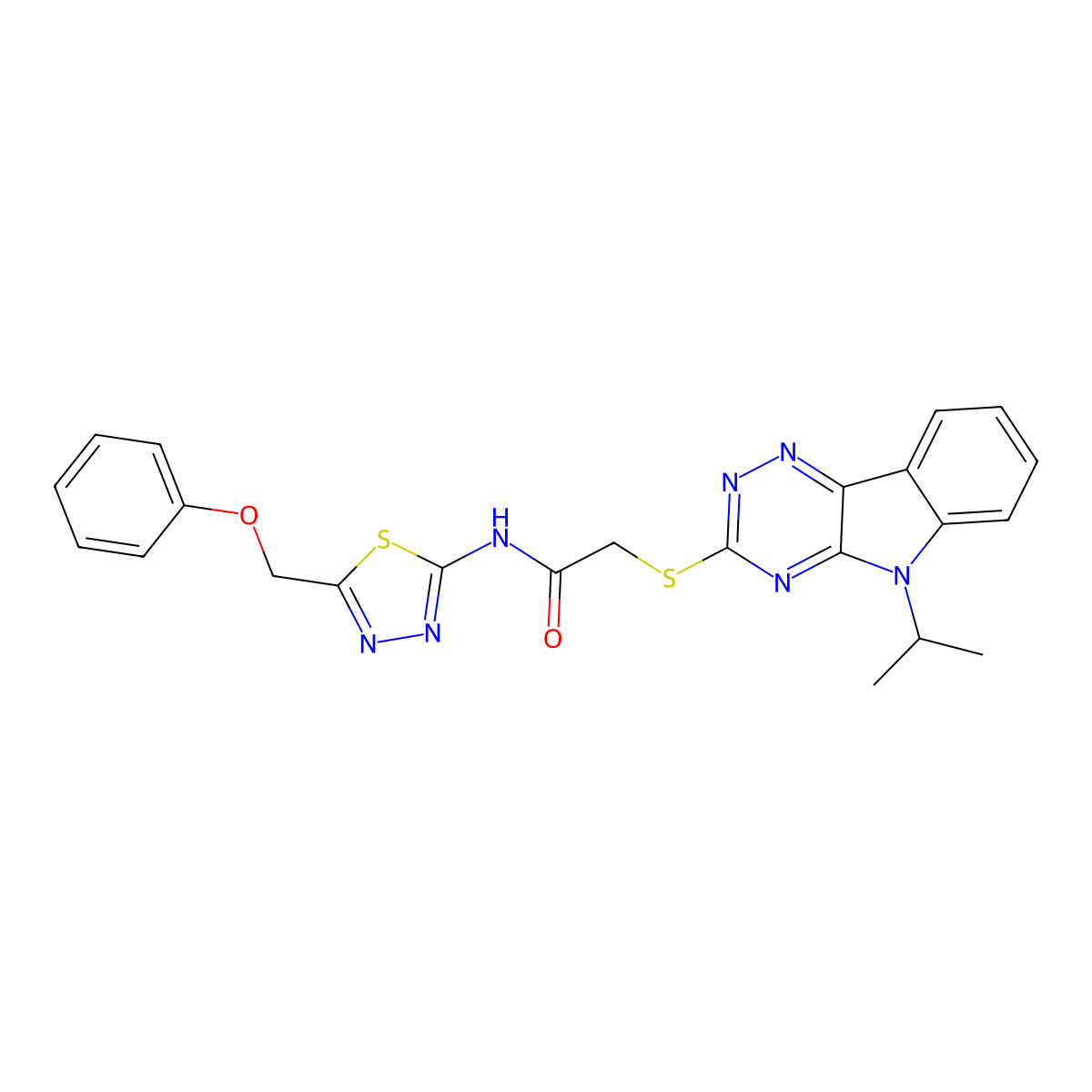 N-[5-(phenoxymethyl)-1,3,4-thiadiazol-2-yl]-2-[(5-propan-2-yl-[1,2,4]triazino[5,6-b]indol-3-yl)sulfanyl]acetamide molecular structure, CAS 694466-52-9