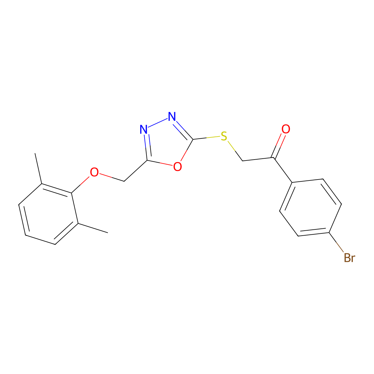 1-(4-Bromophenyl)-2-({5-[(2,6-dimethylphenoxy)methyl]-1,3,4-oxadiazol-2-yl}sulfanyl)ethanone molecular structure, CAS 694466-67-6