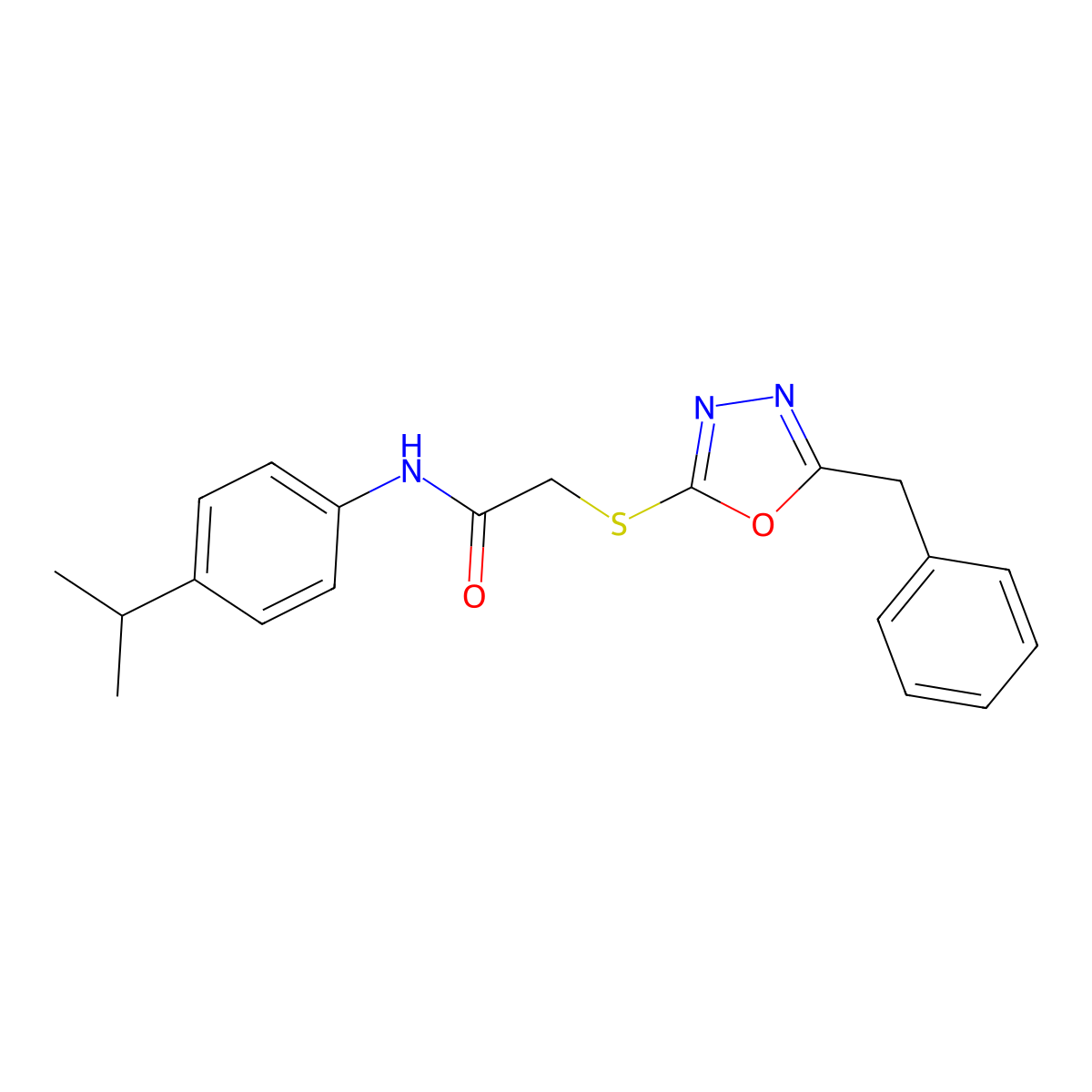2-[(5-benzyl-1,3,4-oxadiazol-2-yl)sulfanyl]-N-(4-propan-2-ylphenyl)acetamide molecular structure, CAS 694466-92-7