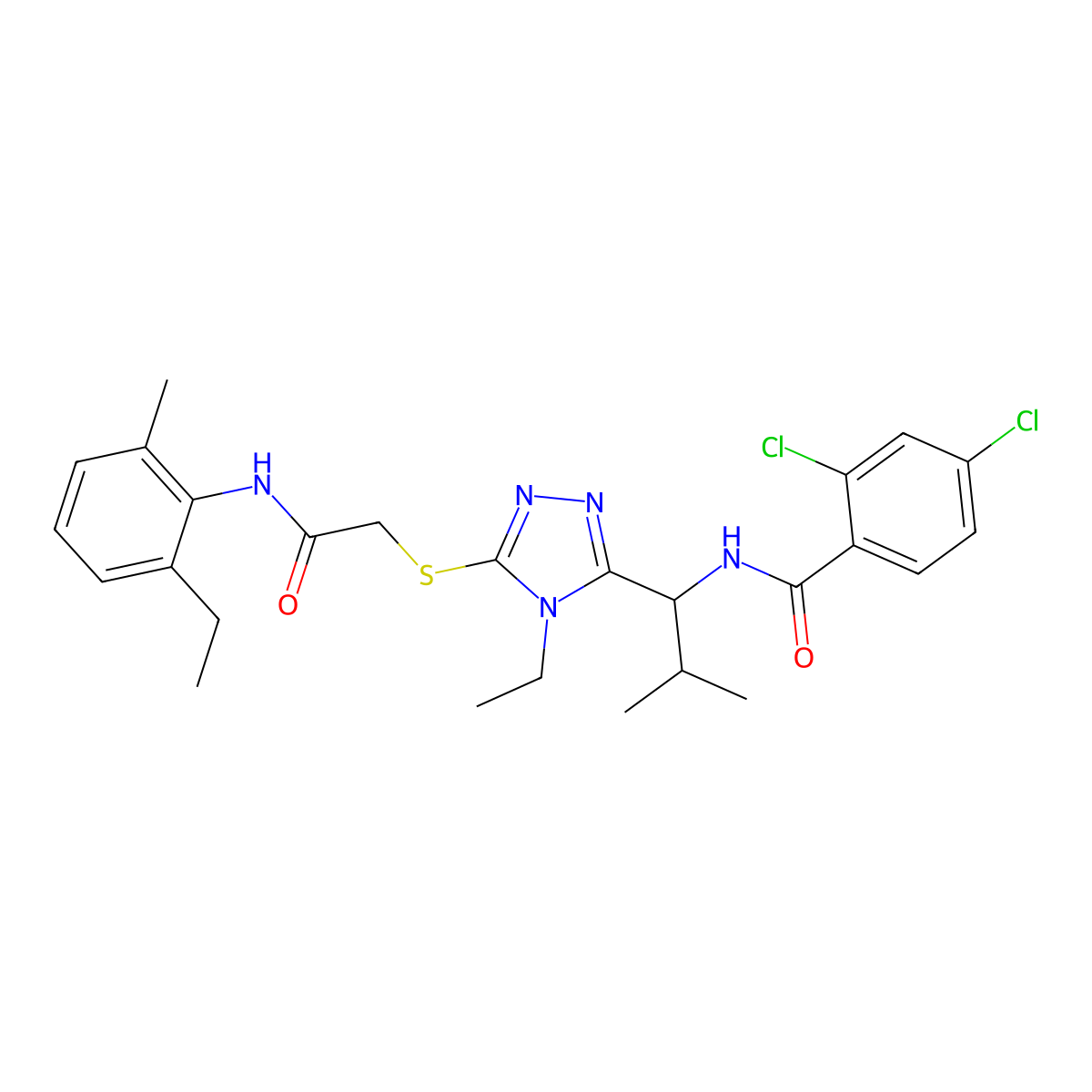 2,4-dichloro-N-[1-[4-ethyl-5-[2-(2-ethyl-6-methylanilino)-2-oxoethyl]sulfanyl-1,2,4-triazol-3-yl]-2-methylpropyl]benzamide molecular structure, CAS 694467-07-7