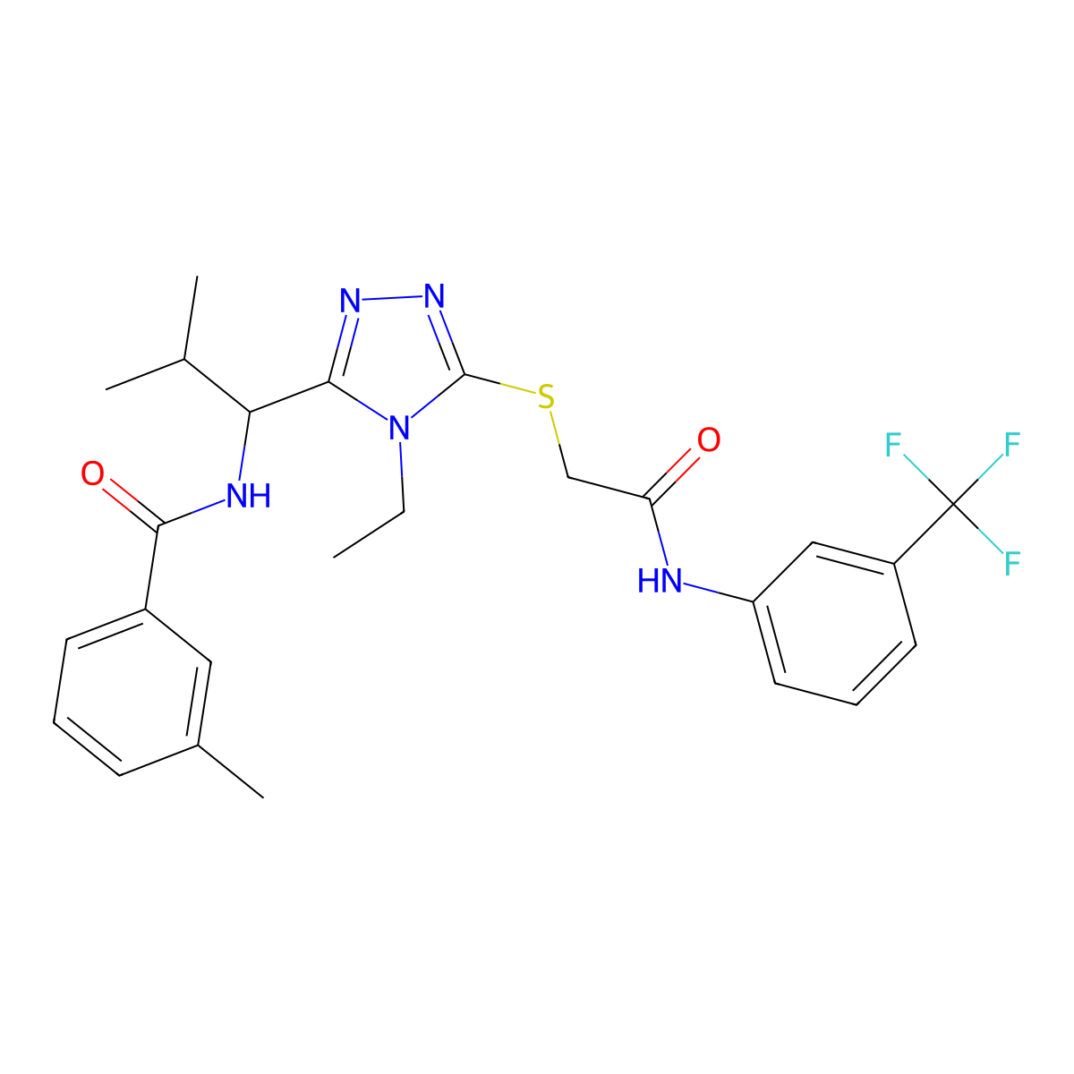 N-[1-[4-ethyl-5-[2-oxo-2-[3-(trifluoromethyl)anilino]ethyl]sulfanyl-1,2,4-triazol-3-yl]-2-methylpropyl]-3-methylbenzamide molecular structure, CAS 694467-08-8