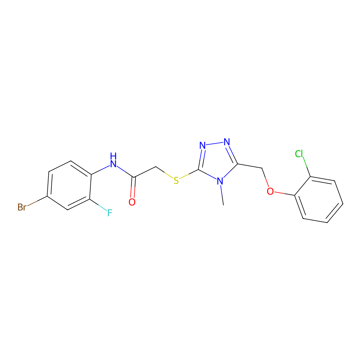 N-(4-bromo-2-fluorophenyl)-2-[[5-[(2-chlorophenoxy)methyl]-4-methyl-1,2,4-triazol-3-yl]sulfanyl]acetamide molecular structure, CAS 694467-18-0