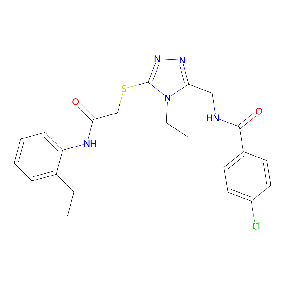4-chloro-N-[[4-ethyl-5-[2-(2-ethylanilino)-2-oxoethyl]sulfanyl-1,2,4-triazol-3-yl]methyl]benzamide molecular structure, CAS 694467-22-6