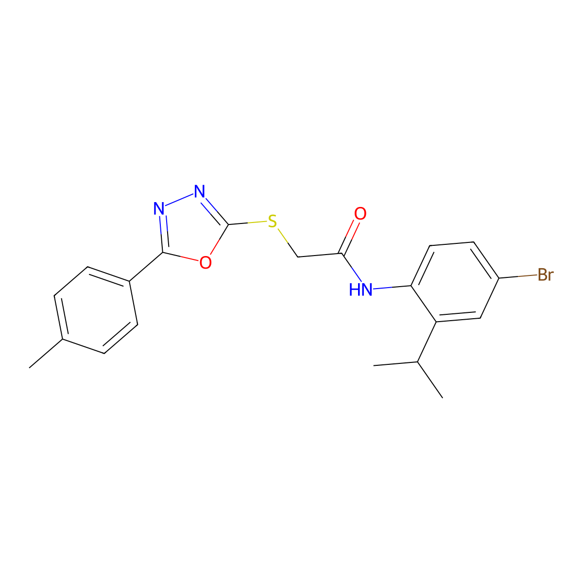 N-(4-bromo-2-propan-2-ylphenyl)-2-[[5-(4-methylphenyl)-1,3,4-oxadiazol-2-yl]sulfanyl]acetamide molecular structure, CAS 694467-37-3