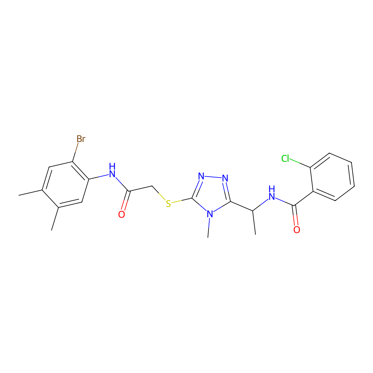 N-[1-[5-[2-(2-bromo-4,5-dimethylanilino)-2-oxoethyl]sulfanyl-4-methyl-1,2,4-triazol-3-yl]ethyl]-2-chlorobenzamide molecular structure, CAS 694467-42-0