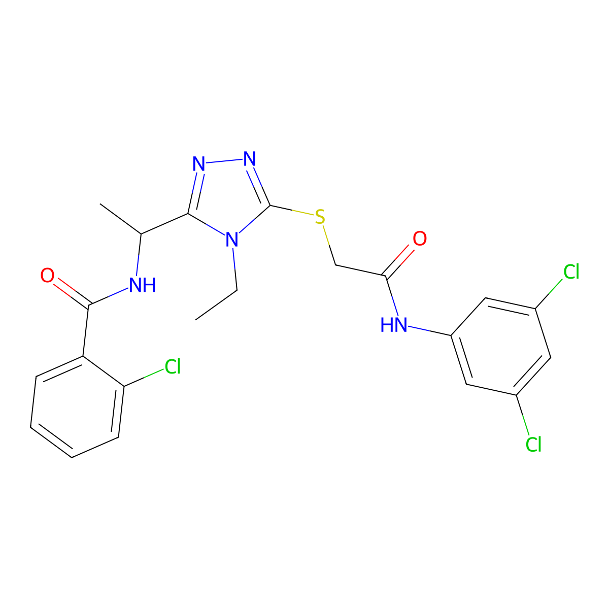2-chloro-N-[1-[5-[2-(3,5-dichloroanilino)-2-oxoethyl]sulfanyl-4-ethyl-1,2,4-triazol-3-yl]ethyl]benzamide molecular structure, CAS 694467-49-7