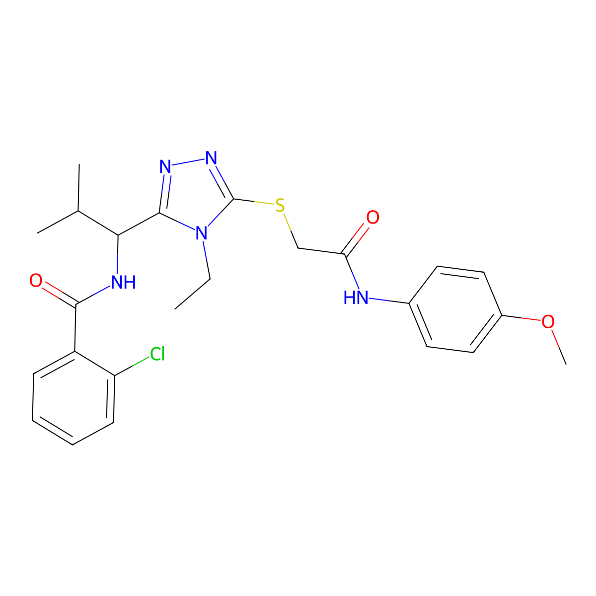 2-chloro-N-[1-[4-ethyl-5-[2-(4-methoxyanilino)-2-oxoethyl]sulfanyl-1,2,4-triazol-3-yl]-2-methylpropyl]benzamide molecular structure, CAS 694467-50-0