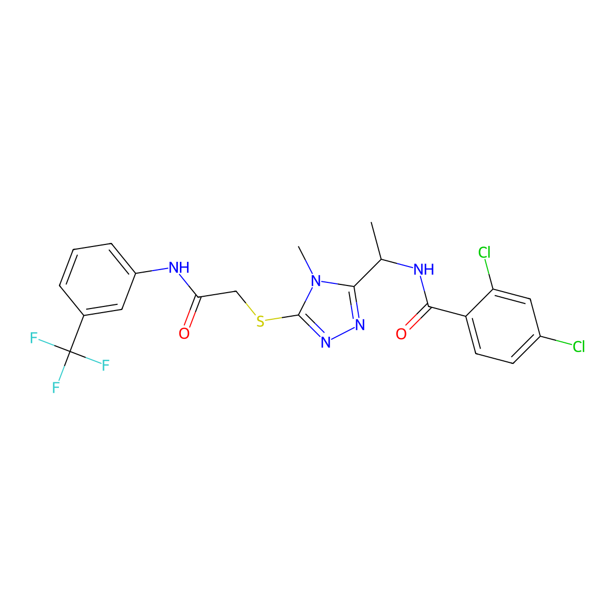 2,4-dichloro-N-[1-[4-methyl-5-[2-oxo-2-[3-(trifluoromethyl)anilino]ethyl]sulfanyl-1,2,4-triazol-3-yl]ethyl]benzamide molecular structure, CAS 694467-51-1