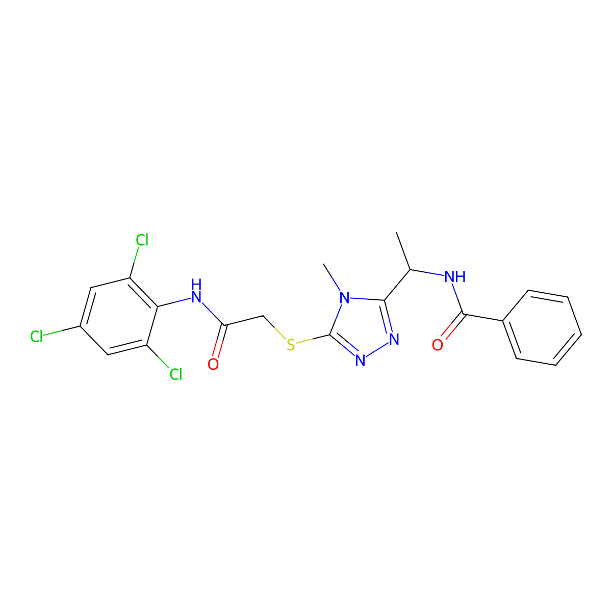 N-{1-[4-methyl-5-({2-oxo-2-[(2,4,6-trichlorophenyl)amino]ethyl}sulfanyl)-4H-1,2,4-triazol-3-yl]ethyl}benzamide molecular structure, CAS 694467-52-2