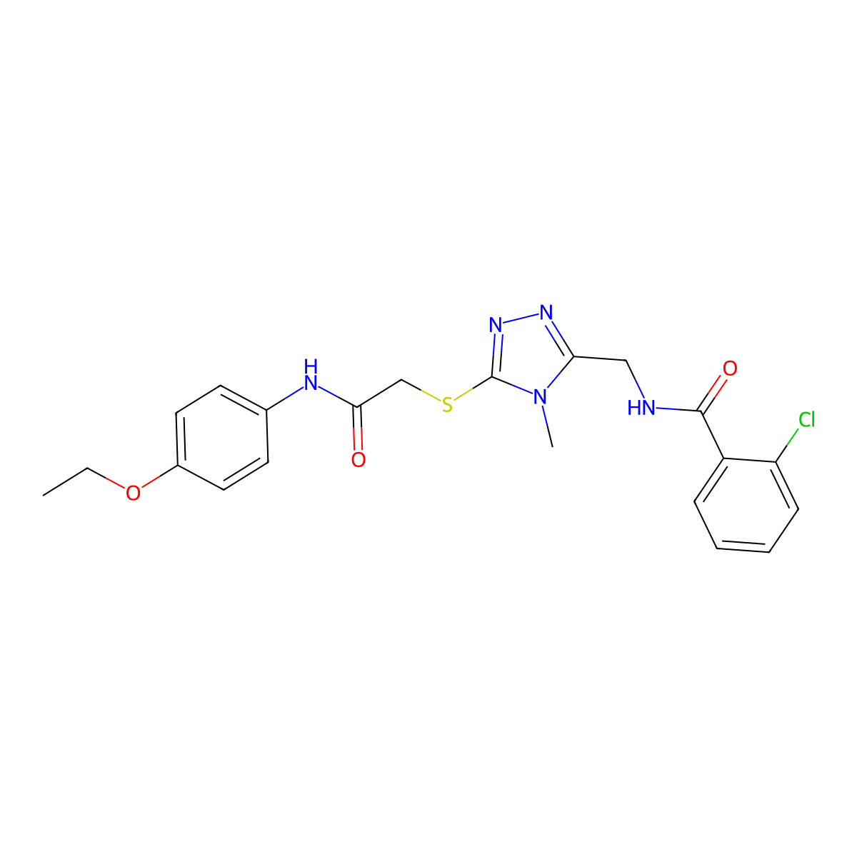 2-chloro-N-[[5-[2-(4-ethoxyanilino)-2-oxoethyl]sulfanyl-4-methyl-1,2,4-triazol-3-yl]methyl]benzamide molecular structure, CAS 694467-59-9
