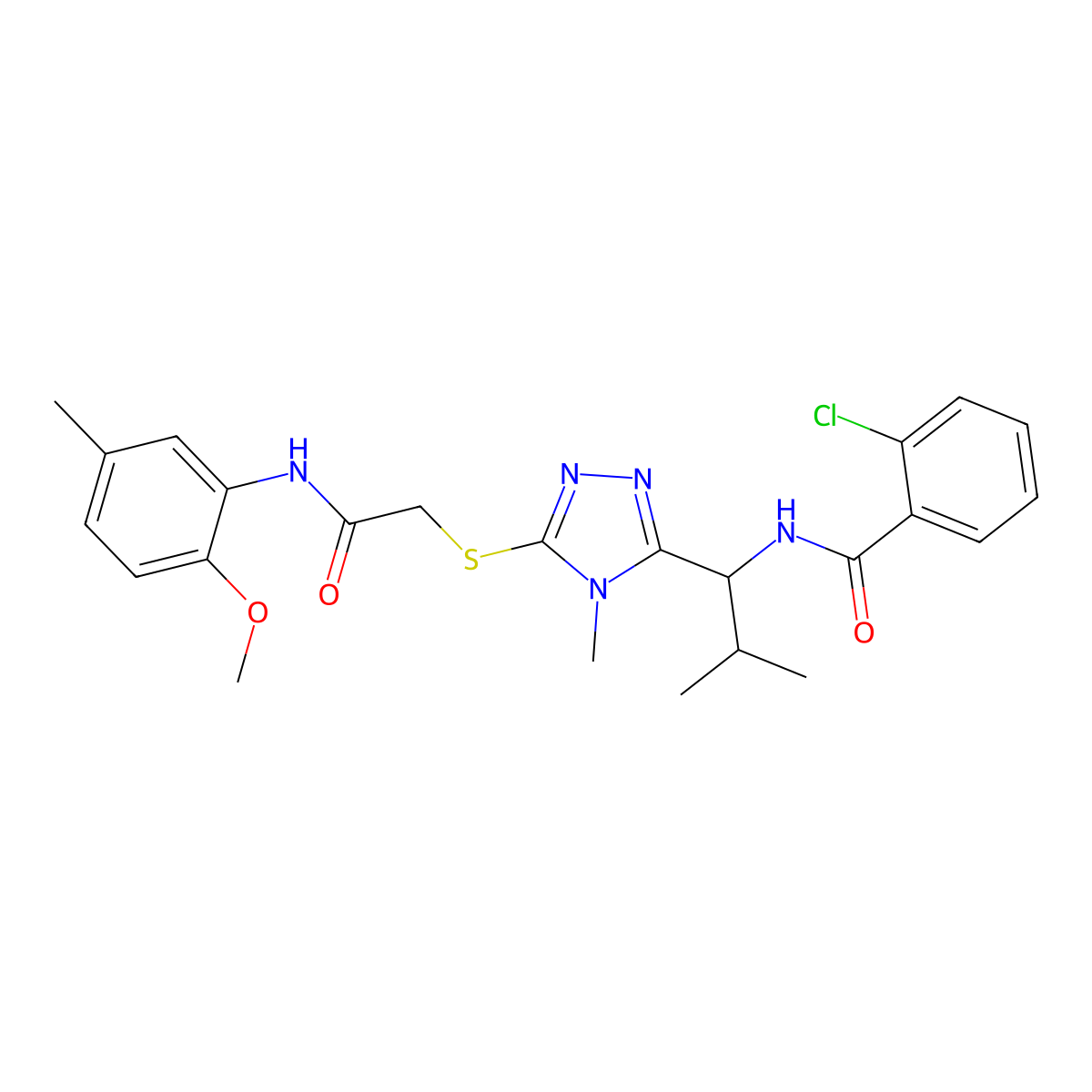 2-chloro-N-[1-[5-[2-(2-methoxy-5-methylanilino)-2-oxoethyl]sulfanyl-4-methyl-1,2,4-triazol-3-yl]-2-methylpropyl]benzamide molecular structure, CAS 694467-68-0