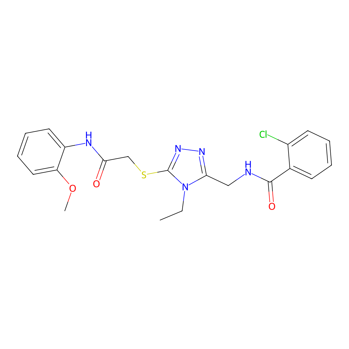 2-chloro-N-[[4-ethyl-5-[2-(2-methoxyanilino)-2-oxoethyl]sulfanyl-1,2,4-triazol-3-yl]methyl]benzamide molecular structure, CAS 694467-76-0