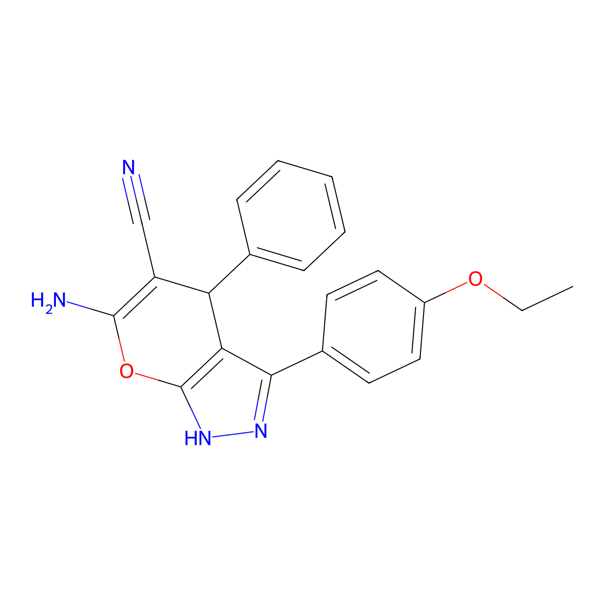 6-Amino-3-(4-ethoxyphenyl)-4-phenyl-1,4-dihydropyrano[2,3-c]pyrazole-5-carbonitrile molecular structure, CAS 694467-80-6