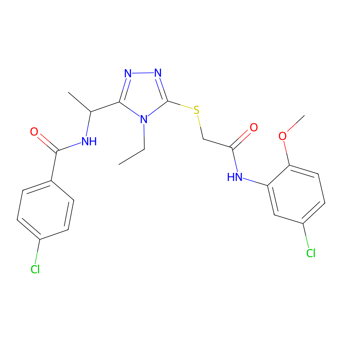 4-chloro-N-{1-[5-({2-[(5-chloro-2-methoxyphenyl)amino]-2-oxoethyl}sulfanyl)-4-ethyl-4H-1,2,4-triazol-3-yl]ethyl}benzamide molecular structure, CAS 694467-93-1