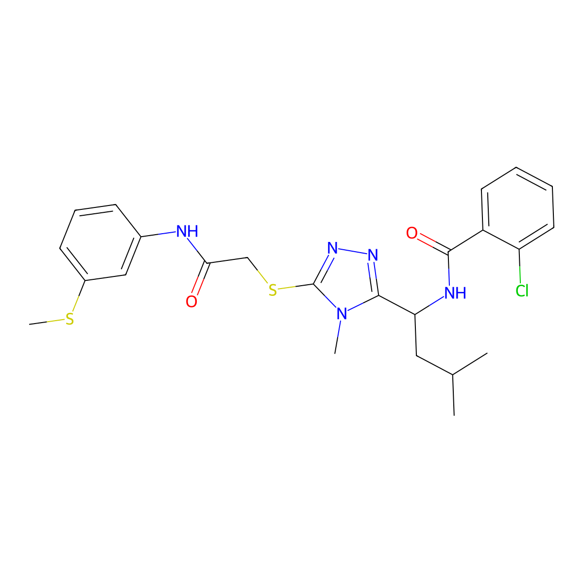2-chloro-N-[3-methyl-1-[4-methyl-5-[2-(3-methylsulfanylanilino)-2-oxoethyl]sulfanyl-1,2,4-triazol-3-yl]butyl]benzamide molecular structure, CAS 694468-02-5