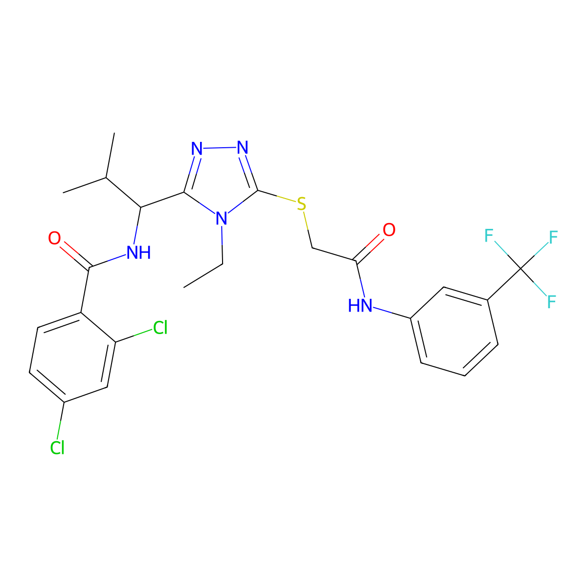2,4-dichloro-N-[1-[4-ethyl-5-[2-oxo-2-[3-(trifluoromethyl)anilino]ethyl]sulfanyl-1,2,4-triazol-3-yl]-2-methylpropyl]benzamide molecular structure, CAS 694468-08-1
