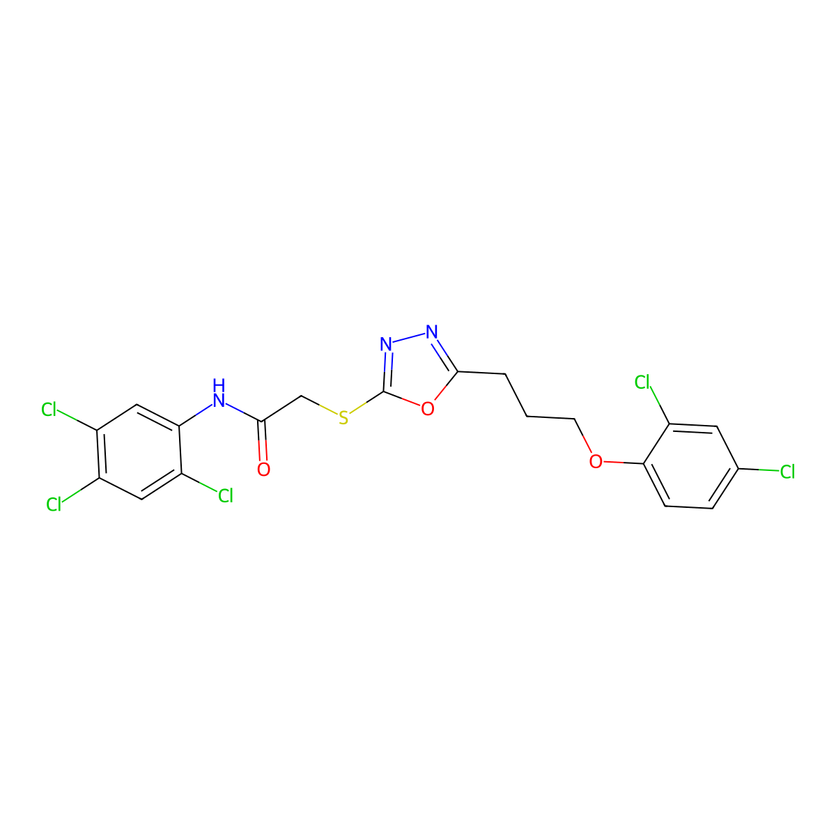 2-({5-[3-(2,4-dichlorophenoxy)propyl]-1,3,4-oxadiazol-2-yl}sulfanyl)-N-(2,4,5-trichlorophenyl)acetamide molecular structure, CAS 694468-09-2