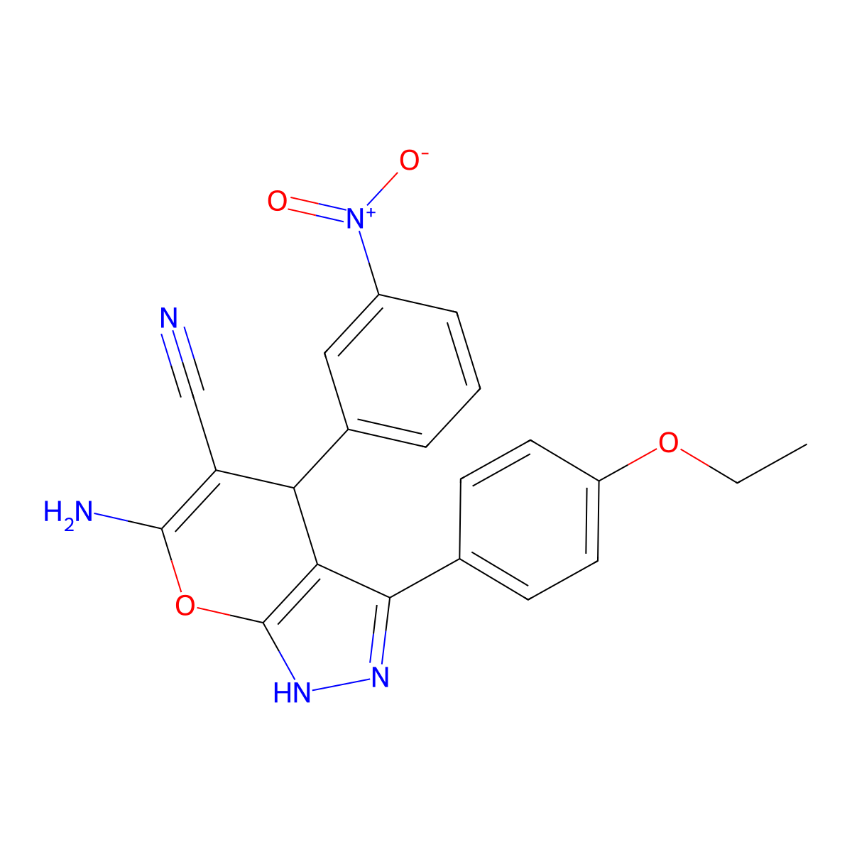 6-Amino-3-(4-ethoxyphenyl)-4-(3-nitrophenyl)-1,4-dihydropyrano[2,3-c]pyrazole-5-carbonitrile molecular structure, CAS 694468-52-5