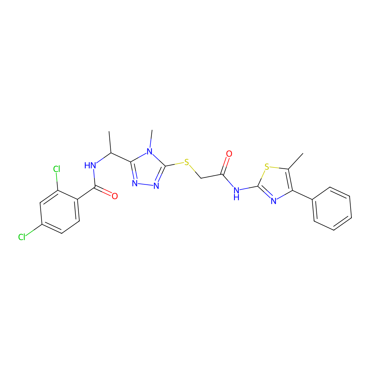 2,4-dichloro-N-[1-[4-methyl-5-[2-[(5-methyl-4-phenyl-1,3-thiazol-2-yl)amino]-2-oxoethyl]sulfanyl-1,2,4-triazol-3-yl]ethyl]benzamide molecular structure, CAS 694468-53-6
