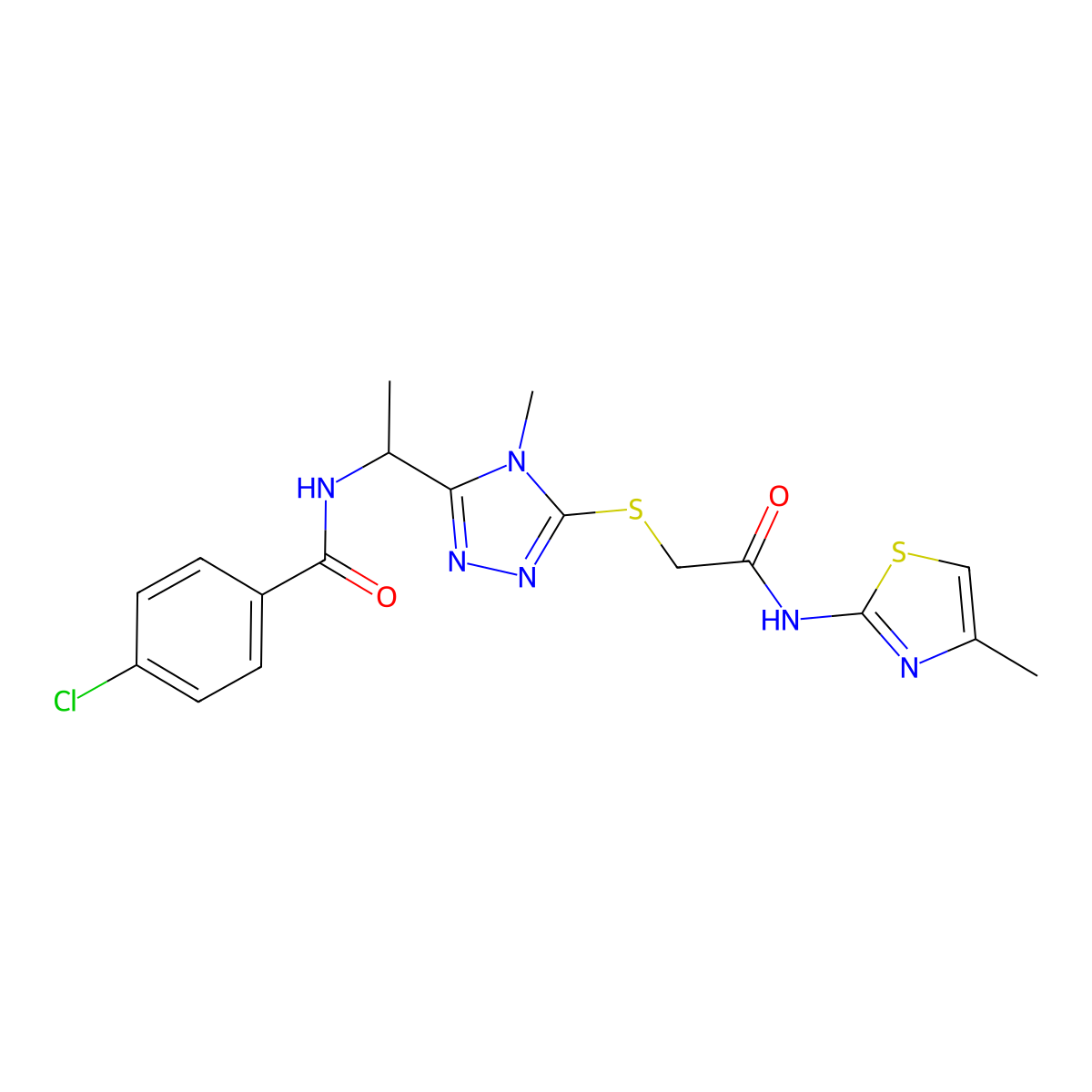4-chloro-N-{1-[4-methyl-5-({2-[(4-methyl-1,3-thiazol-2-yl)amino]-2-oxoethyl}sulfanyl)-4H-1,2,4-triazol-3-yl]ethyl}benzamide molecular structure, CAS 694468-59-2