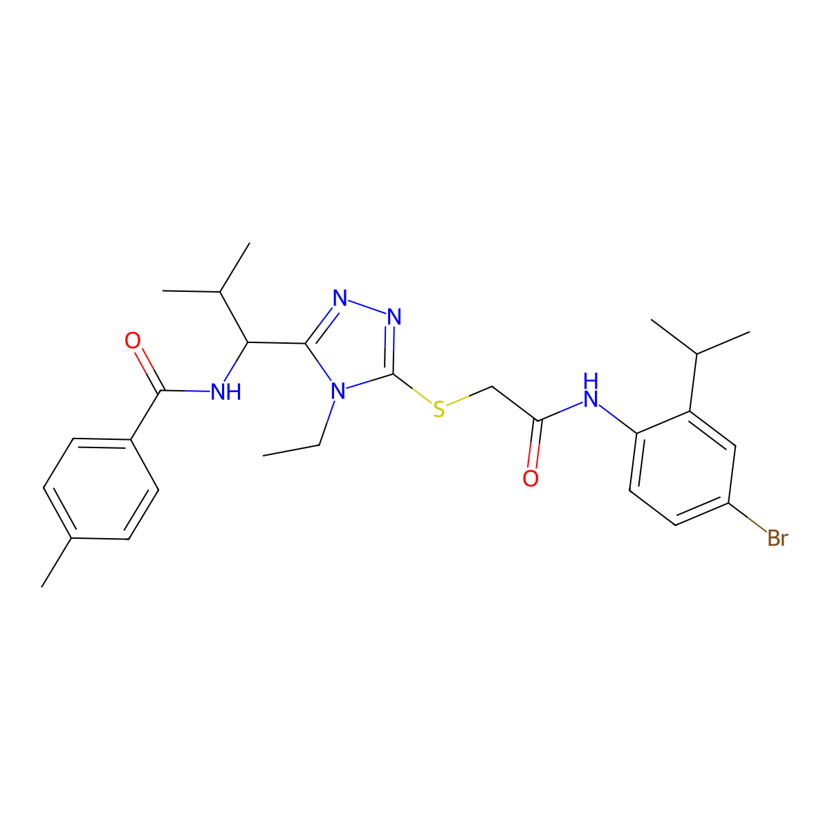 N-[1-[5-[2-(4-bromo-2-propan-2-ylanilino)-2-oxoethyl]sulfanyl-4-ethyl-1,2,4-triazol-3-yl]-2-methylpropyl]-4-methylbenzamide molecular structure, CAS 694469-16-4