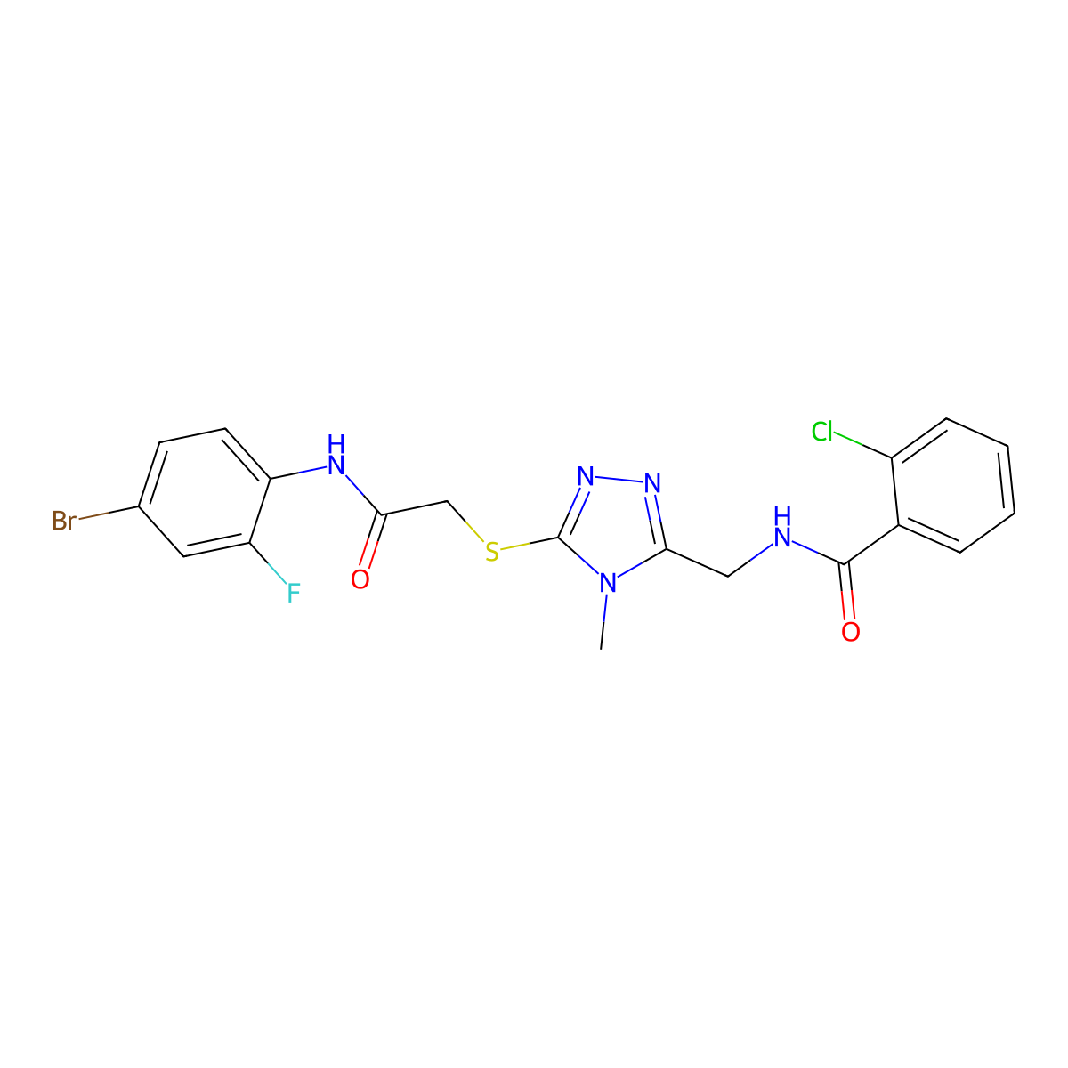 N-[[5-[2-(4-bromo-2-fluoroanilino)-2-oxoethyl]sulfanyl-4-methyl-1,2,4-triazol-3-yl]methyl]-2-chlorobenzamide molecular structure, CAS 694469-24-4