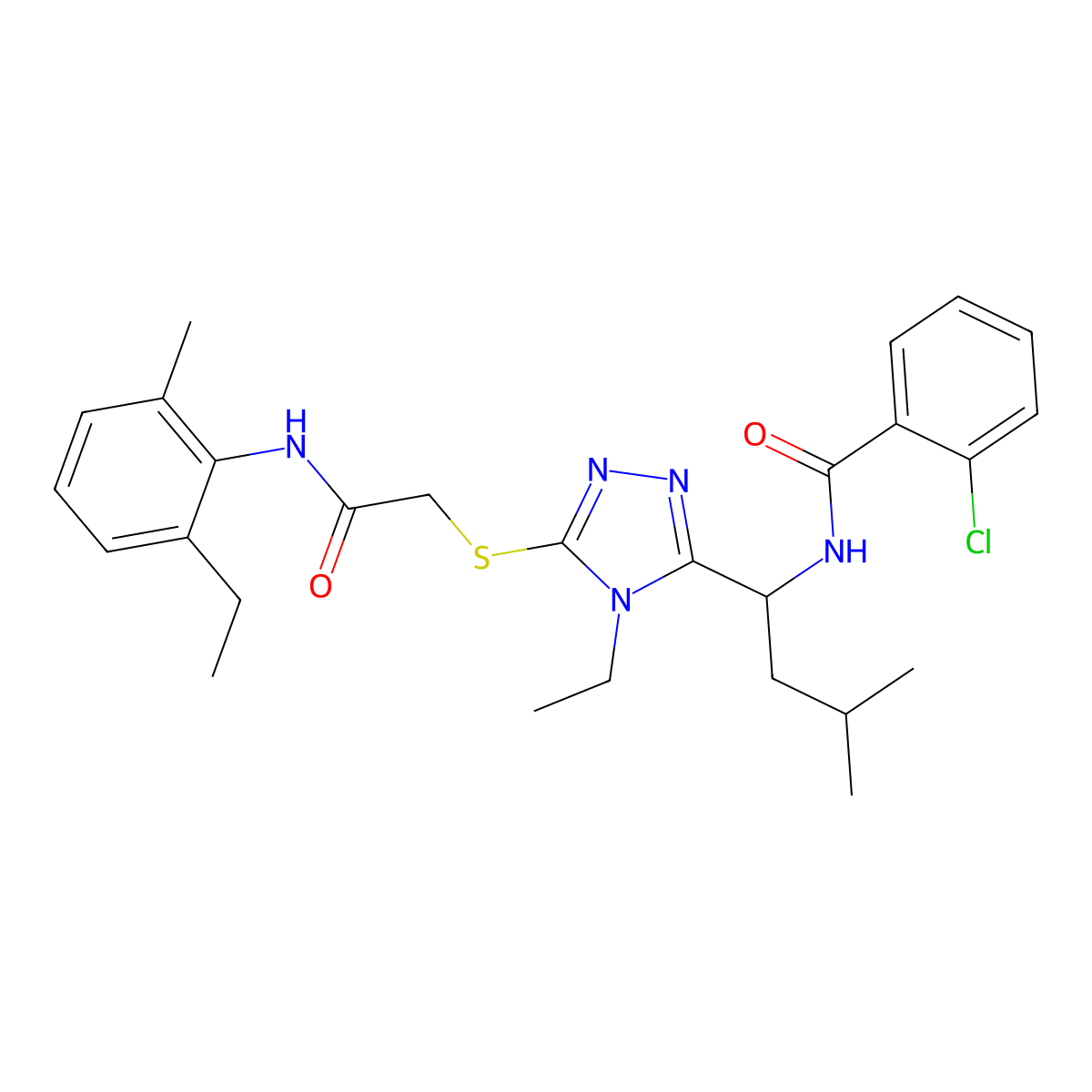 2-chloro-N-[1-[4-ethyl-5-[2-(2-ethyl-6-methylanilino)-2-oxoethyl]sulfanyl-1,2,4-triazol-3-yl]-3-methylbutyl]benzamide molecular structure, CAS 694469-25-5
