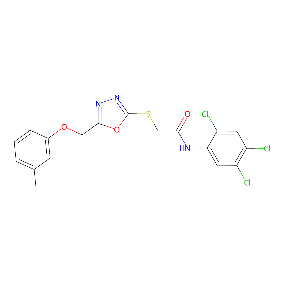 2-[[5-[(3-methylphenoxy)methyl]-1,3,4-oxadiazol-2-yl]sulfanyl]-N-(2,4,5-trichlorophenyl)acetamide molecular structure, CAS 694469-32-4