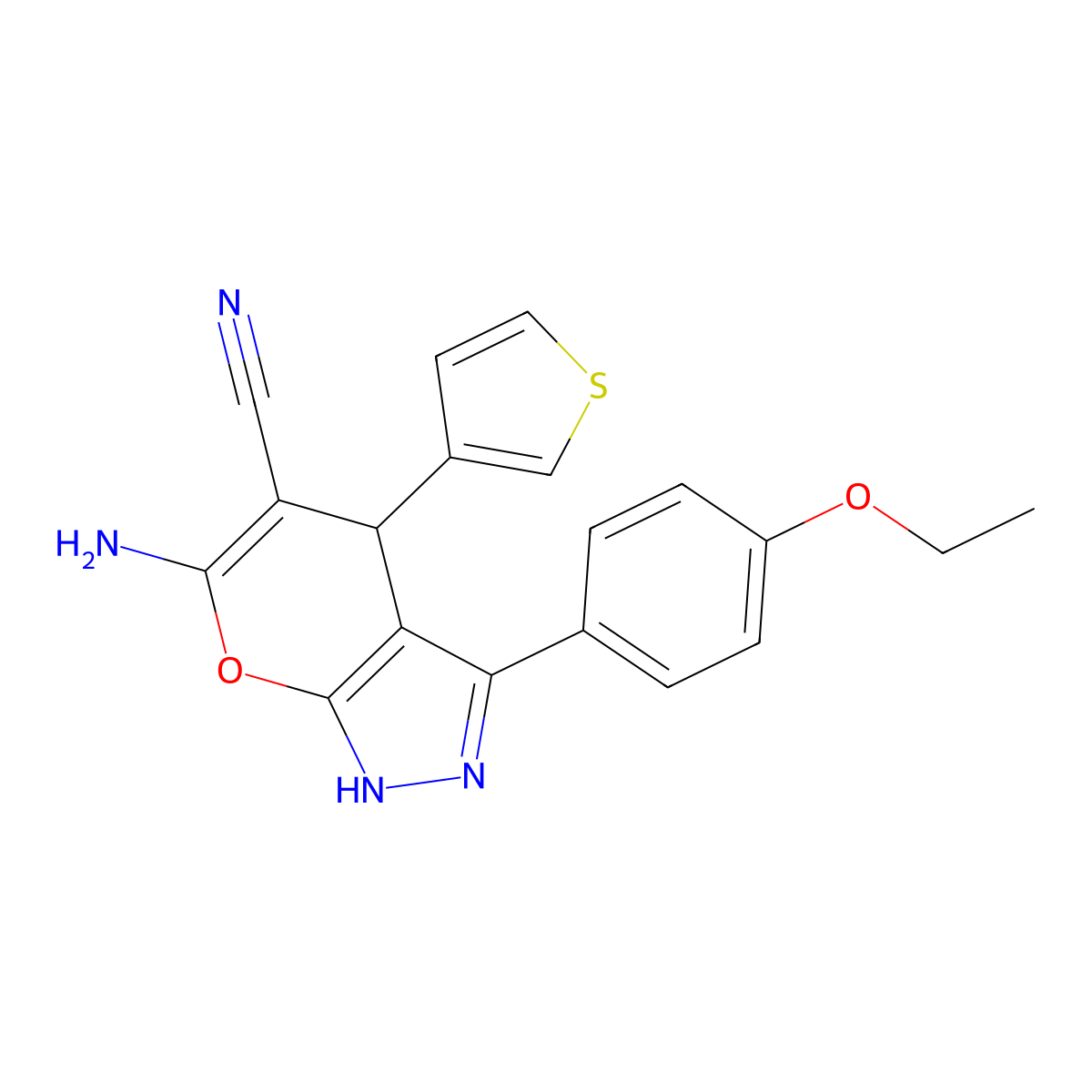 6-Amino-3-(4-ethoxyphenyl)-4-thiophen-3-yl-2,4-dihydropyrano[2,3-c]pyrazole-5-carbonitrile molecular structure, CAS 694472-81-6