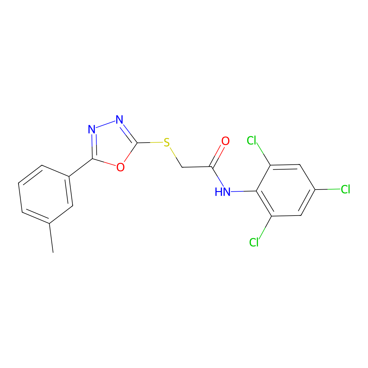 2-[[5-(3-methylphenyl)-1,3,4-oxadiazol-2-yl]sulfanyl]-N-(2,4,6-trichlorophenyl)acetamide molecular structure, CAS 694472-84-9