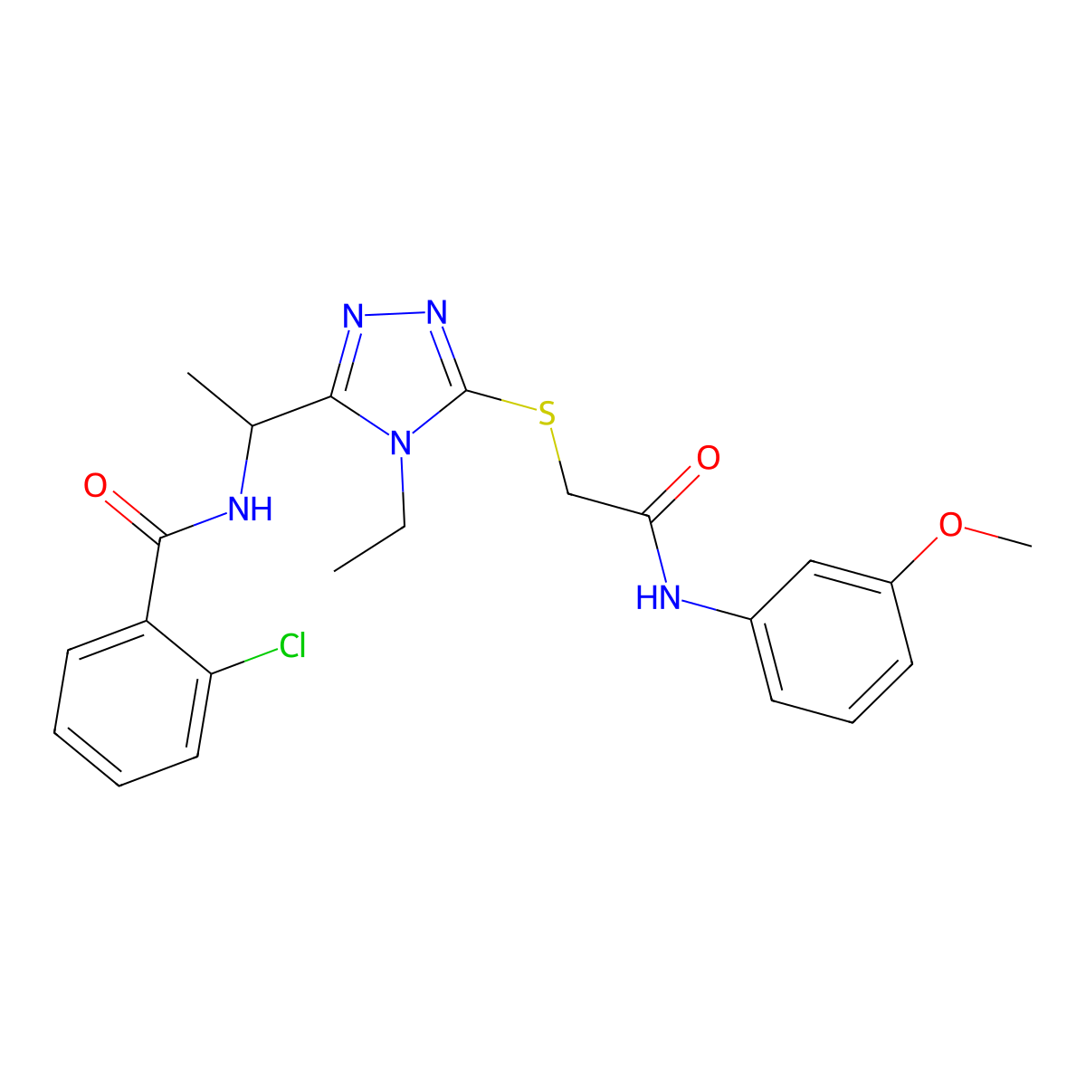 2-chloro-N-[1-[4-ethyl-5-[2-(3-methoxyanilino)-2-oxoethyl]sulfanyl-1,2,4-triazol-3-yl]ethyl]benzamide molecular structure, CAS 694473-40-0